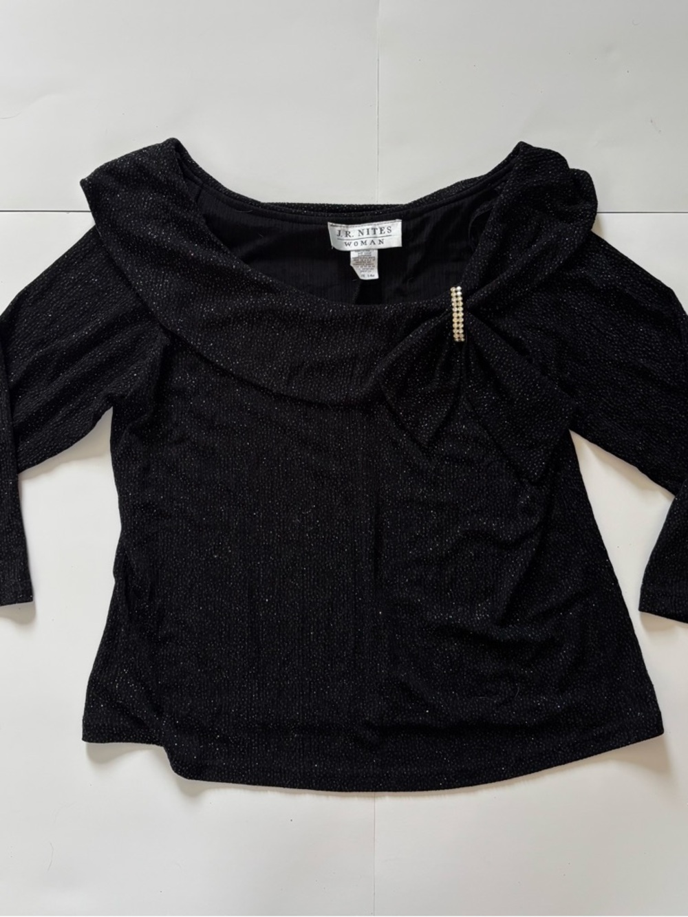 JR. NITES Vintage Black Sparkle Off-Shoulder Top with Brooch